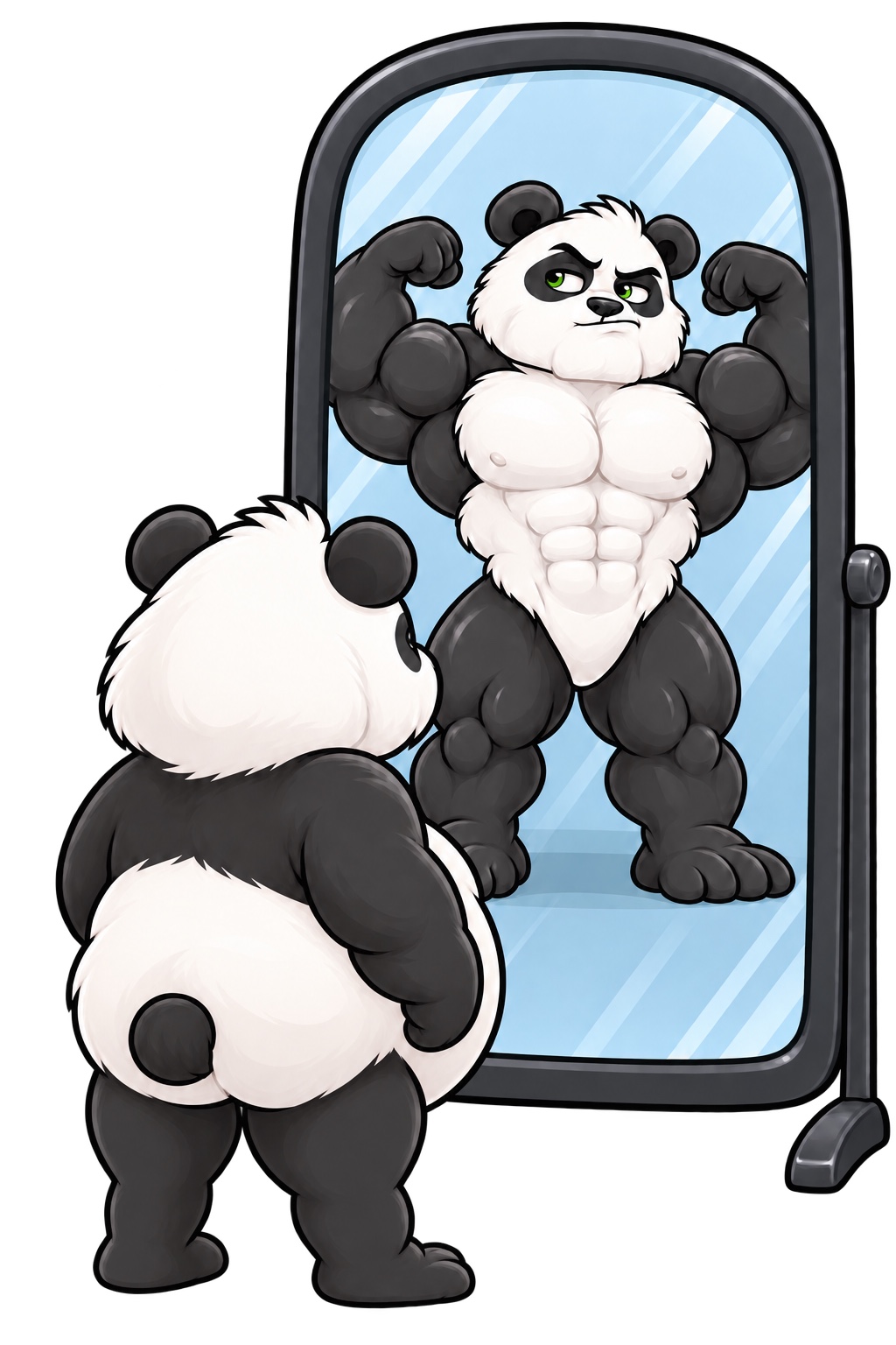 Panda devant un miroir regardant son reflet musclé